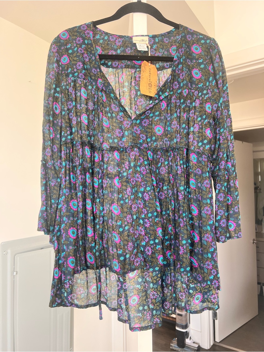 Natural Life Dara Floral Border Print Boho Blouse Purple/Floral One Size